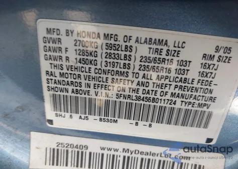 2006 Honda Odyssey Ex из США, поврежденный, VIN 5FNRL38456B011724